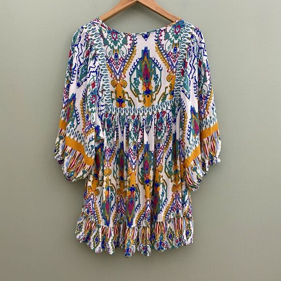 Rachel Zoe Top Womens 1X Multicolor Tassel 3/4 Sleeve Tunic Blouse Flowy Boho - Picture 2 of 10